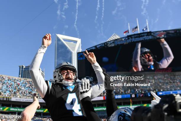 Eddy Pineiro of the Carolina Panthers celebrates after scoring the game winning field goal during the fourth quarter of the game against the Houston...