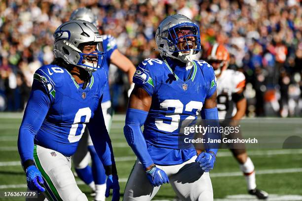 Jerrick Reed II of the Seattle Seahawks celebrates a first quarter stop against the Cleveland Browns at Lumen Field on October 29, 2023 in Seattle,...