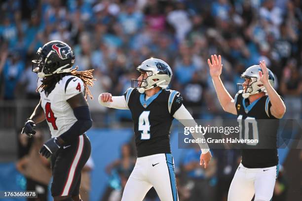 Eddy Pineiro of the Carolina Panthers kicks the game winning field goal during the fourth quarter of the game against the Houston Texans at Bank of...