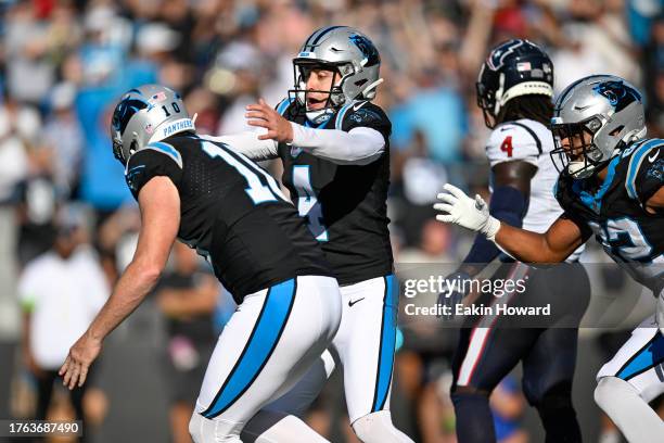 Eddy Pineiro of the Carolina Panthers celebrates after kicking the game winning field goal during the fourth quarter of the game against the Houston...