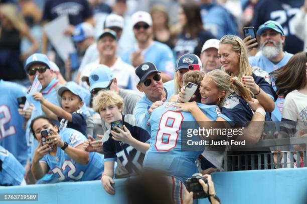 Will Levis of the Tennessee Titans celebrates with family after the game against the Atlanta Falcons at Nissan Stadium on October 29, 2023 in...