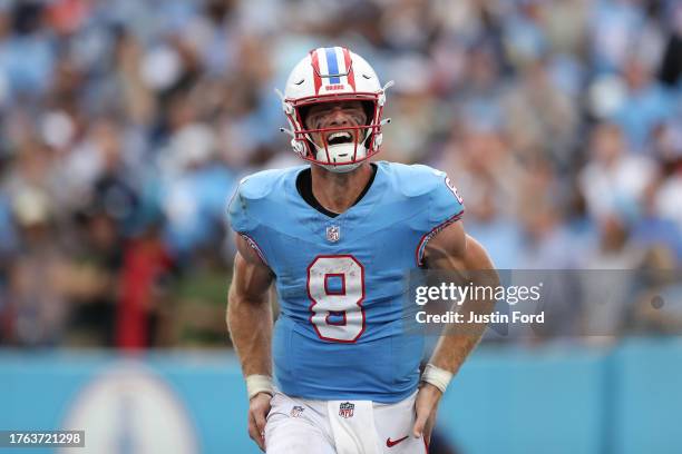 Will Levis of the Tennessee Titans celebrates after throwing a touchdown pass during the second half against the Atlanta Falcons at Nissan Stadium on...