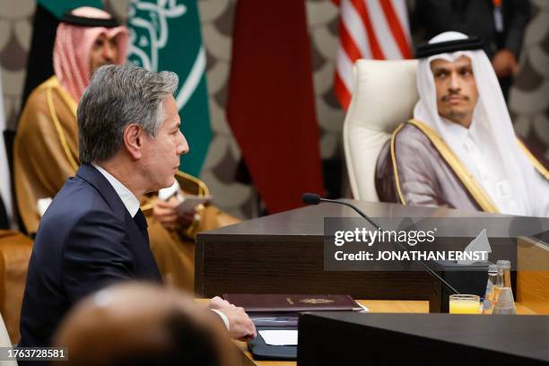 Secretary of State Antony Blinken attends a meeting with Qatar's Prime Minister and Foreign Minister Mohammed bin Abdulrahman al-Thani, during a day...