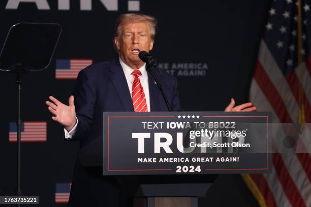 Republican presidential candidate former U.S. President Donald Trump speaks to guests during a campaign event at the Orpheum Theater on October 29,...
