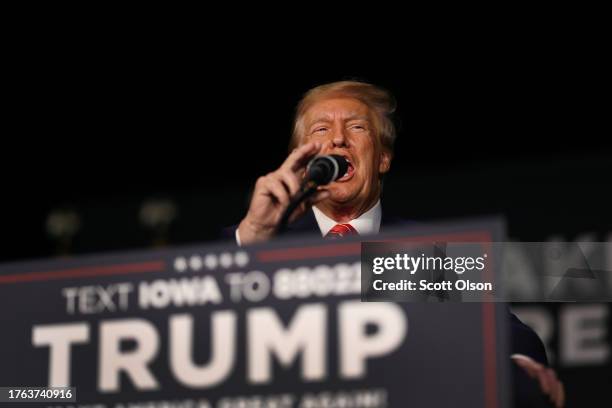Republican presidential candidate former U.S. President Donald Trump speaks to guests during a campaign event at the Orpheum Theater on October 29,...