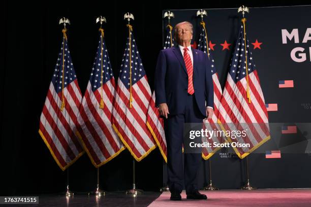 Republican presidential candidate former U.S. President Donald Trump arrives for a campaign event at the Orpheum Theater on October 29, 2023 in Sioux...