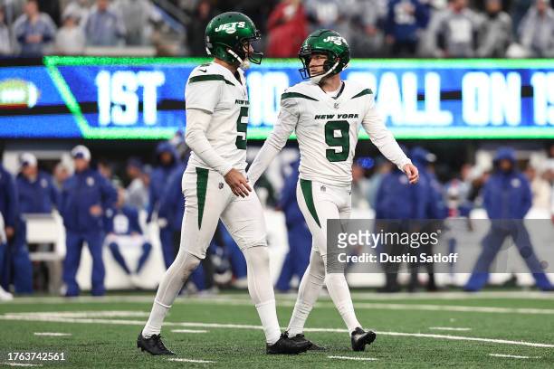 Greg Zuerlein of the New York Jets looks on during the second half against the New York Giants at MetLife Stadium on October 29, 2023 in East...