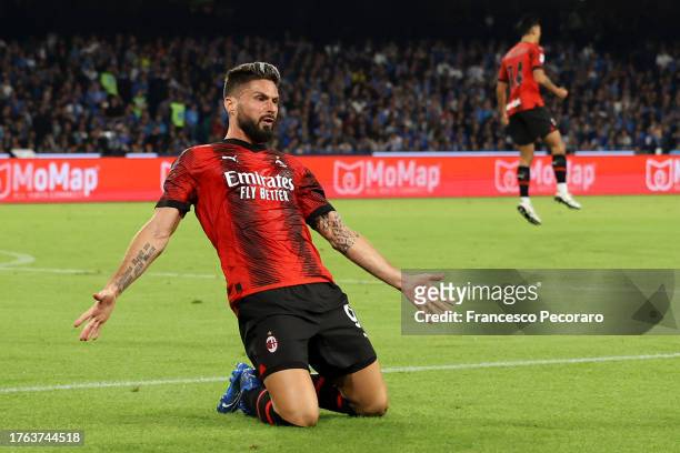Olivier Giroud of AC Milan celebrates after scoring the team's second goal during the Serie A TIM match between SSC Napoli and AC Milan at Stadio...