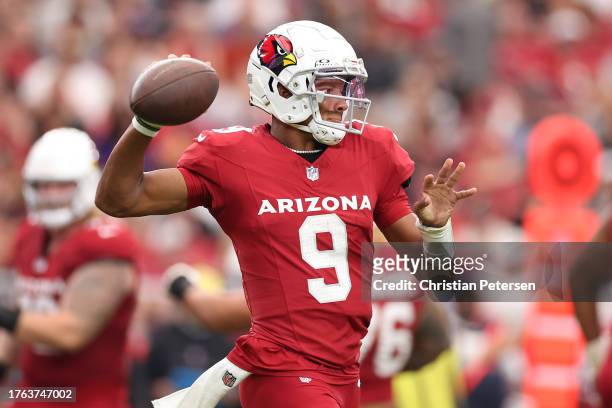 Joshua Dobbs of the Arizona Cardinals attempts a pass during the first quarter against the Baltimore Ravens at State Farm Stadium on October 29, 2023...