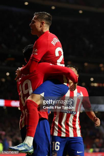 Alvaro Morata of Atletico de Madrid celebrates with Rodrigo Riquelme after scoring the team's second goal during the LaLiga EA Sports match between...