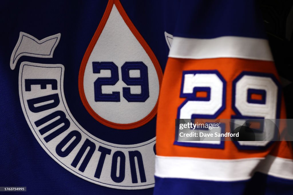Edmonton Tim A detailed view is seen of the jersey of Leon Draisaitl of the... News ...