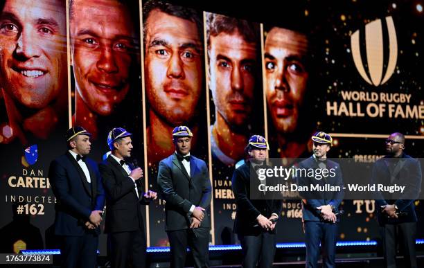 Host Ugo Monye speaks with World Rugby Hall of Fame inductees Bryan Habana, Dan Carter, Thierry Dusautoir, George Smith and Juan Martin Hernandez...