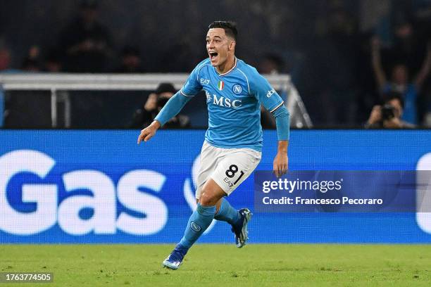 Giacomo Raspadori of SSC Napoli celebrates after scoring the team's second goal to equalise during the Serie A TIM match between SSC Napoli and AC...