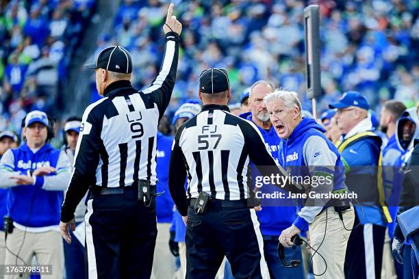Head coach Pete Carroll of the Seattle Seahawks reacts to a call from game officials during the second quarter of a game against the Cleveland Browns...