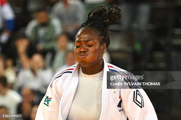 France's Clarisse Agbegnenou reacts after defeating Finland's Emilia Kanerva during the women's under 63 kg during the European Judo Championships...