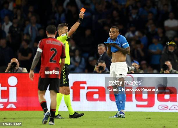 Natan of SSC Napoli is shown a red card by Referee Daniele Orsato during the Serie A TIM match between SSC Napoli and AC Milan at Stadio Diego...