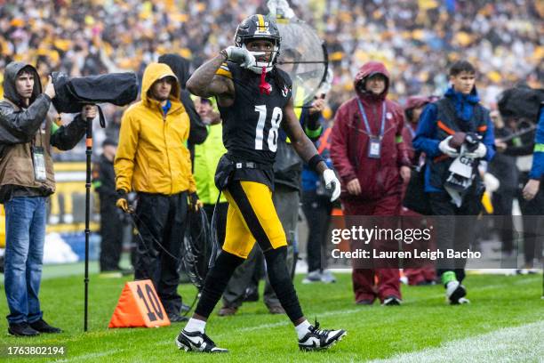 Diontae Johnson of the Pittsburgh Steelers celebrates after a first down during the game against the Jacksonville Jaguars at Acrisure Stadium on...