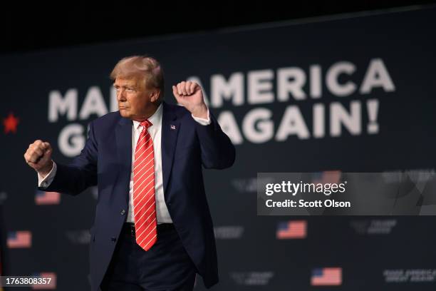 Republican presidential candidate former U.S. President Donald Trump hosts a campaign event at the Orpheum Theater on October 29, 2023 in Sioux City,...