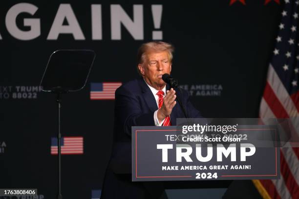 Republican presidential candidate former U.S. President Donald Trump hosts a campaign event at the Orpheum Theater on October 29, 2023 in Sioux City,...
