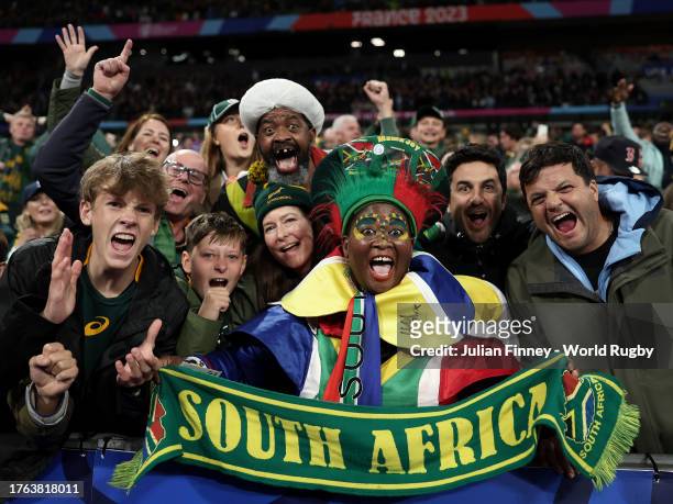 South Africa fans celebrate their teams win during the Rugby World Cup France 2023 Gold Final match between New Zealand and South Africa at Stade de...