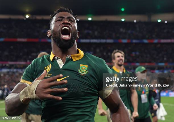 Siya Kolisi of South Africa celebrates at full-time after their team's victory in the Rugby World Cup Final match between New Zealand and South...