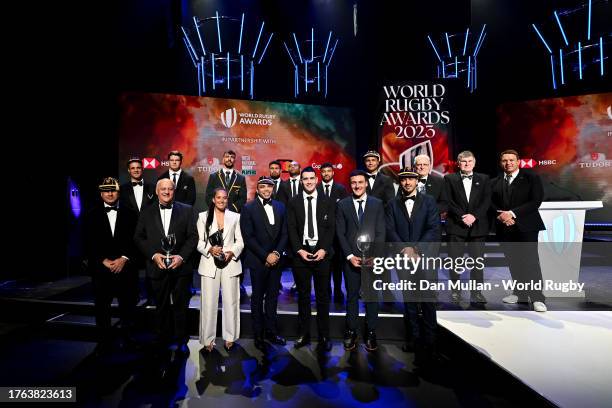 Back Row; Hall of Fame Inductee Dan Carter, Men’s 15s Dream Team player Scott Barrett of New Zealand, Men’s 15s Dream Team player Eben Etzebeth of...