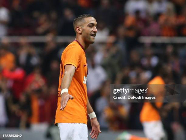 Hakim Ziyech of Galatasaray celebrates victory during the Turkish Super League match between Galatasaray and Kasimpasa SK on November 3, 2023 in...