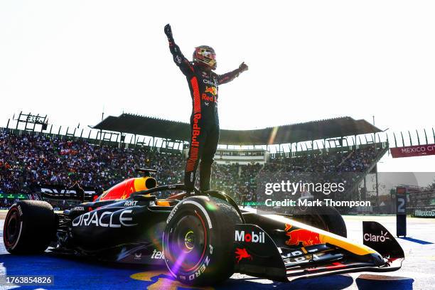 Race winner Max Verstappen of the Netherlands and Oracle Red Bull Racing celebrates in parc ferme during the F1 Grand Prix of Mexico at Autodromo...