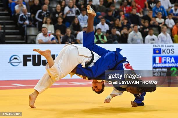 France's Clarisse Agbegnenou and Kosovo's Laura Fazliu compete in the women's under 63 kg quarter-final during the European Judo Championships 2023...