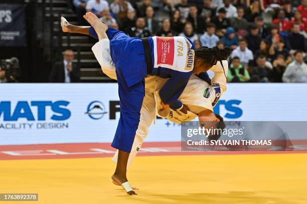 France's Clarisse Agbegnenou and Kosovo's Laura Fazliu compete in the women's under 63 kg quarter-final during the European Judo Championships 2023...