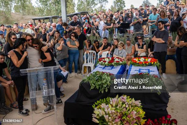 Israeli singer Rita performs at the funeral of Lili Itamari and Ram Itamari a couple from Kibbutz Kfar Aza who were killed in the Hamas attack near...