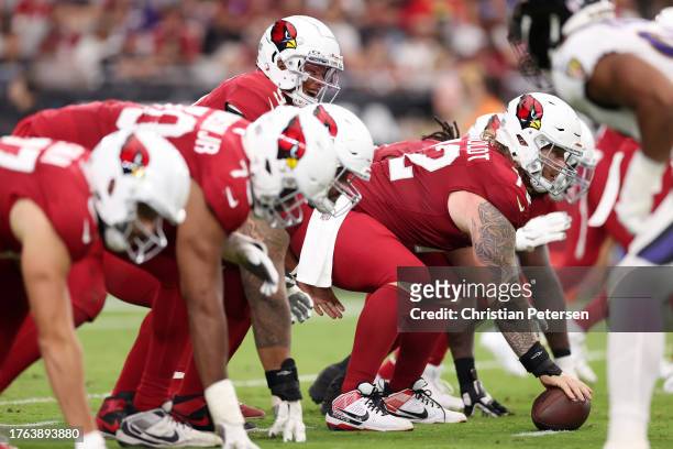 Joshua Dobbs of the Arizona Cardinals lines up under center during the second half against the Baltimore Ravens at State Farm Stadium on October 29,...