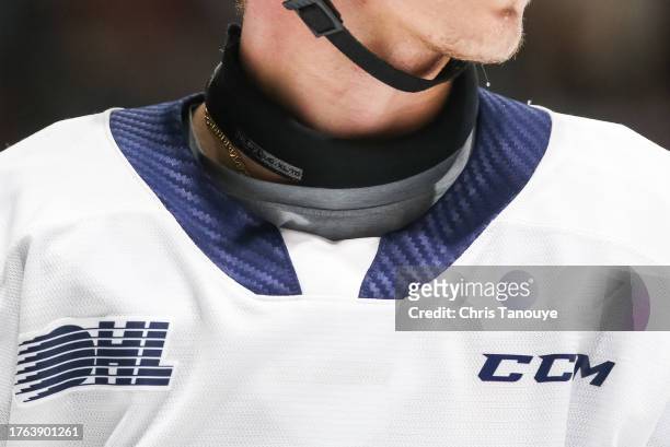 Detail of a neck guard worn by an Oshawa Generals player during the first period of a game against Owen Sound Attack at Tribute Communities Centre on...
