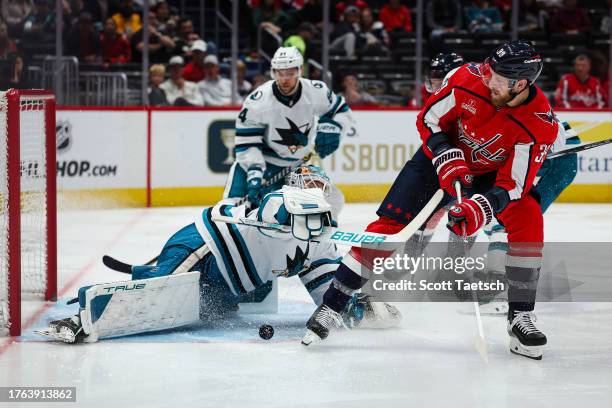 Anthony Mantha of the Washington Capitals attempts to score a goal against Mackenzie Blackwood of the San Jose Sharks during the second period of the...