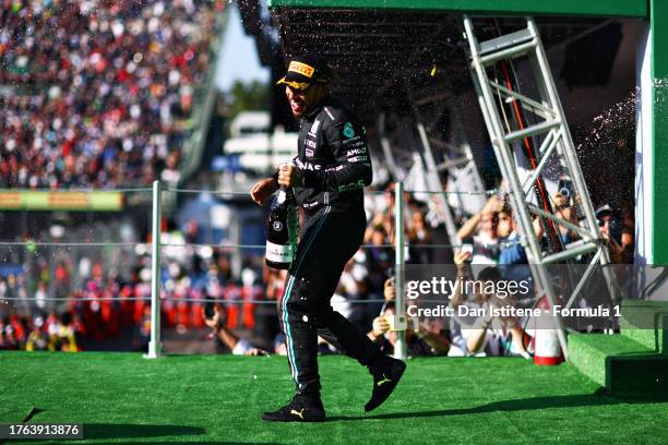 Second placed Lewis Hamilton of Great Britain and Mercedes celebrates on the podium after the F1 Grand Prix of Mexico at Autodromo Hermanos Rodriguez...