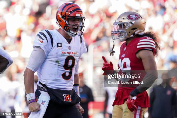 Joe Burrow of the Cincinnati Bengals celebrates after a scramble during the fourth quarter of the game against the San Francisco 49ers at Levi's...