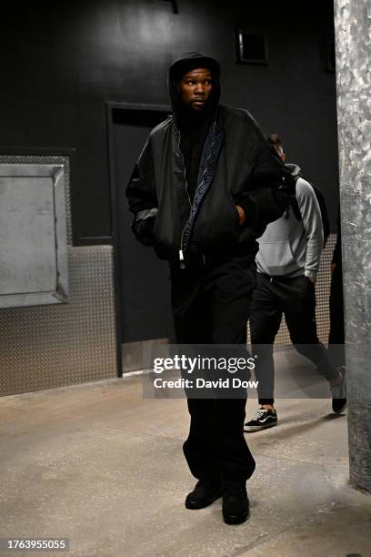Kevin Durant of the Phoenix Suns arrives to the arena before the game against the Philadelphia 76ers on November 4, 2023 at the Wells Fargo Center in...
