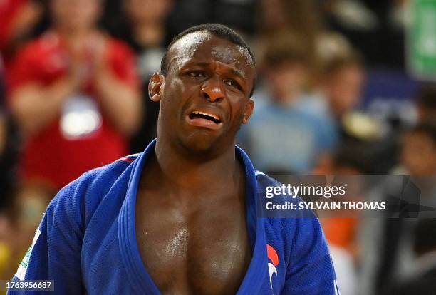 France's Alpha Oumar Djalo celebrates after defeating Belgium's Matthias Casse in the men's under 81 kg during the European Judo Championships 2023...