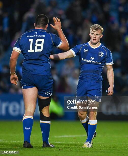Dublin , Ireland - 4 November 2023; Ben Murphy, ight, and Rory McGuire of Leinster celebrate after the United Rugby Championship match between...