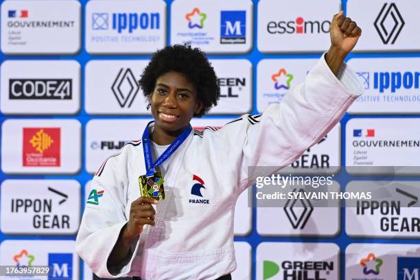 France's Marie-Eve Gahie poses with her gold medal in the women's under 70 kg during the European Judo Championships 2023 at the Sud de France Arena...