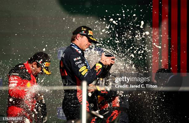 Race winner Max Verstappen of the Netherlands and Oracle Red Bull Racing celebrates on the podium after the F1 Grand Prix of Mexico at Autodromo...