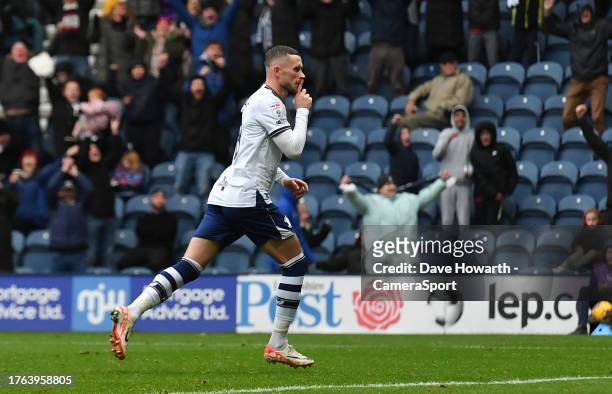 Preston North End's Alan Browne celebrates scoring his team's second goal during the Sky Bet Championship match between Preston North End and...