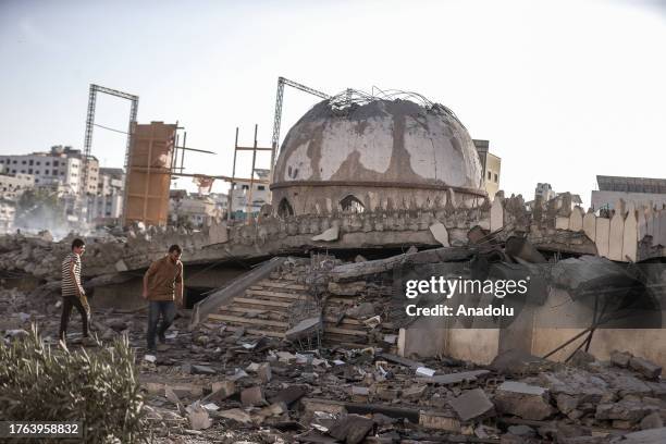 View of destroyed Sheikh Zayed Al Nahyan Mosque following the Israeli attack in Al-Ketibe area of Gaza City, Gaza on November 4, 2023.