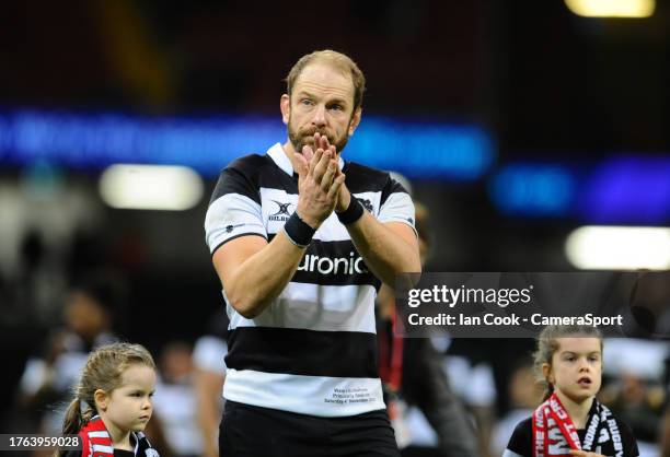 Barbarian's Alun Wyn Jones applauds the fans at the final whistle during the Rugby International match between Wales and Barbarians at Principality...