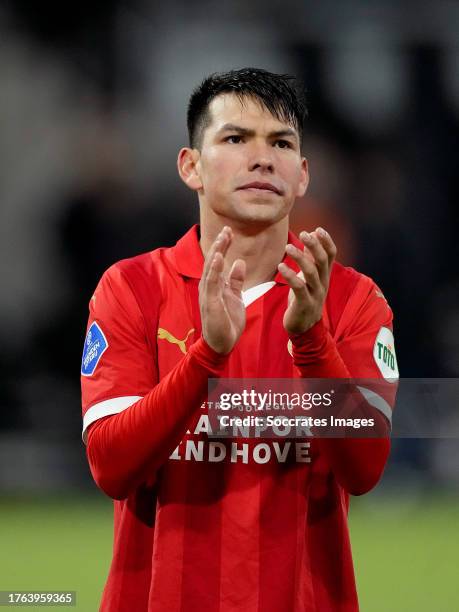 Hirving Lozano of PSV celebrates the victory during the Dutch Eredivisie match between Heracles Almelo v PSV at the Polman Stadium on November 4,...