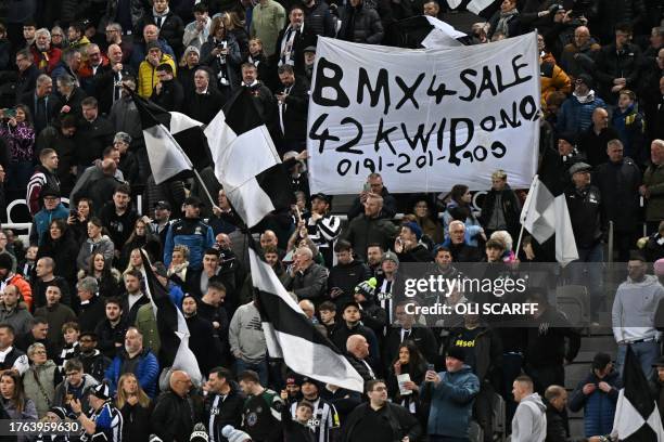 Newcastle fans display unique banners in the crowd ahead of kick-off in the English Premier League football match between Newcastle United and...