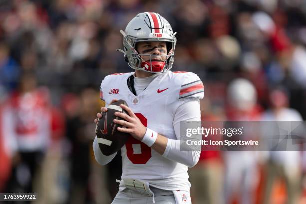 Kyle McCord of the Ohio State Buckeyes during the game against the Rutgers Scarlet Knights on November 4, 2023 at SHI Stadium in Piscataway, New...