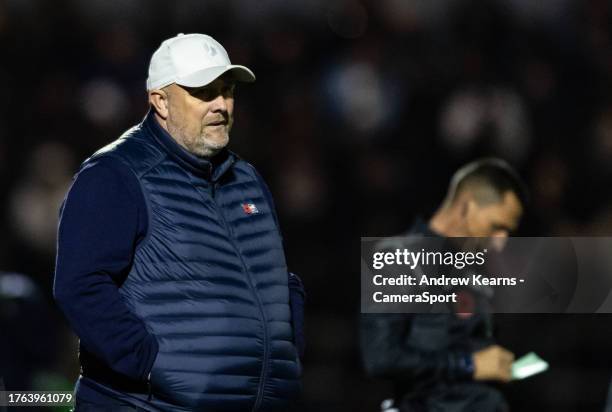 Bromley's manager Andy Woodman looks on during the Emirates FA Cup First Round match between Bromley and Blackpool at Hayes Lane on November 4, 2023...