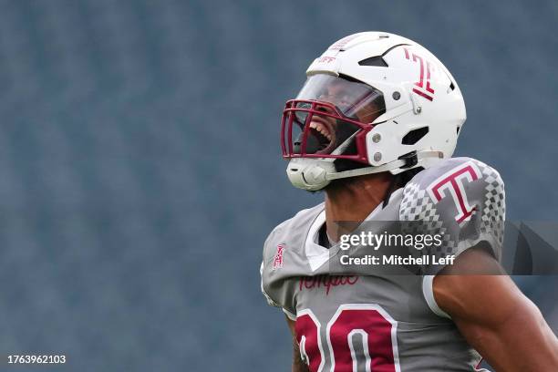 Tra Thomas of the Temple Owls reacts against the Navy Midshipmen in the first half at Lincoln Financial Field on November 4, 2023 in Philadelphia,...