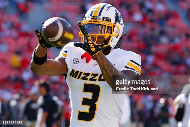 Luther Burden III of the Missouri Tigers warms up prior to the game against the Georgia Bulldogs at Sanford Stadium on November 4, 2023 in Athens,...